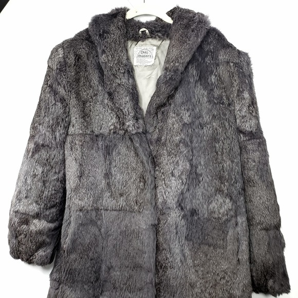 Chill Chasers Vintage Dark Gray Shawl Collar Long Rabbit Fur Coat Womens Medium - Picture 3 of 5